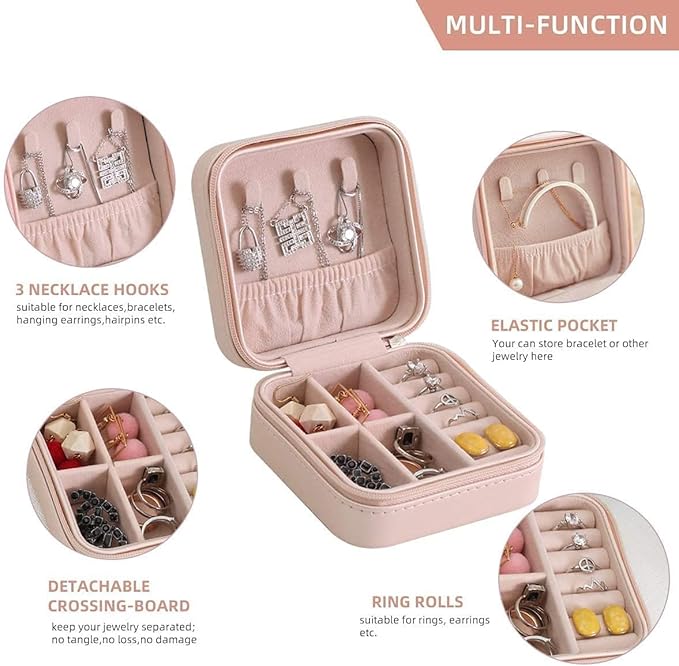 Travel Jewellery Box, Mini Portable Storage Case with Compartments, Pink Leather Organiser for Rings, Earrings, Necklaces