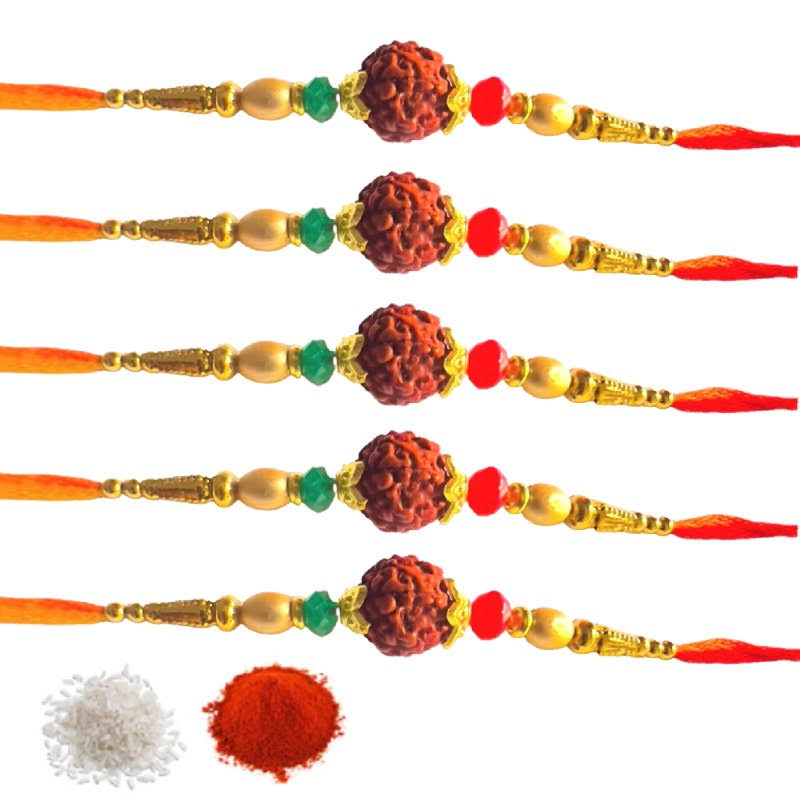 This set contains 5 simple Rudraksh Rakhi's in red and black, designed for kids, adults, and couples.