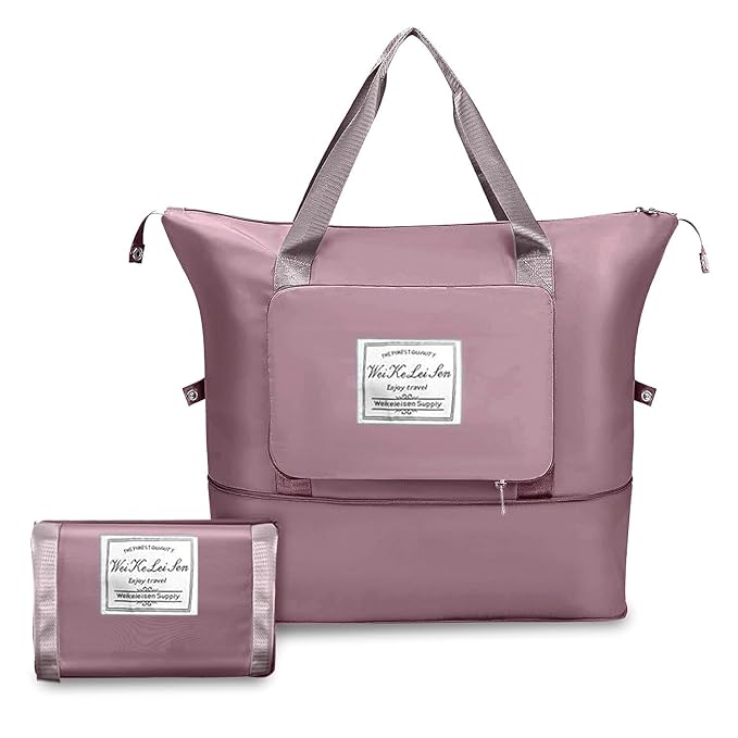 Travel Tote Bag Set, Pink, Expandable Waterproof Nylon, Single Compartment Design with Shoulder Straps