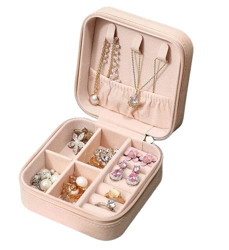 Travel Jewellery Box, Mini Portable Storage Case with Compartments, Pink Leather Organiser for Rings, Earrings, Necklaces