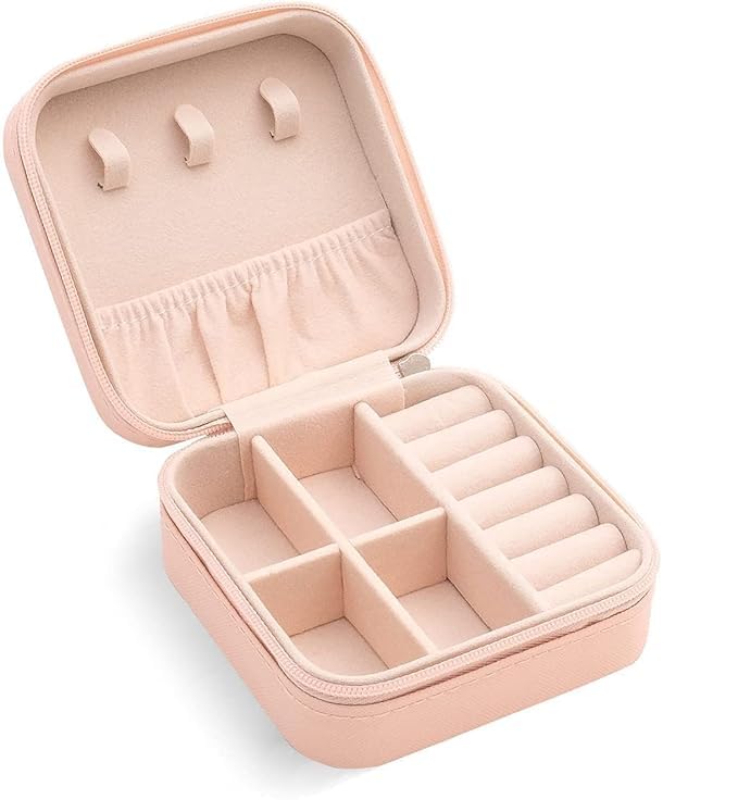 Travel Jewellery Box, Mini Portable Storage Case with Compartments, Pink Leather Organiser for Rings, Earrings, Necklaces