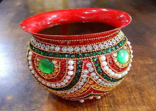 Decorated Copper Handmade Stone/Kandan Work Pooja Kalash/Lota Size : 4 x 4 inch