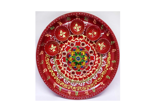 Metal Decorative Work and Meenakari Steel Puja Thali (Red, Medium -10.5 Inch)