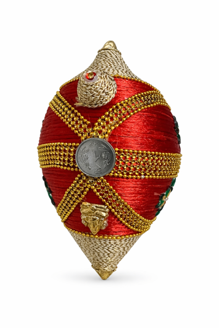 Handcrafted Decorative Nariyal, Red and Gold, Traditional Indian Pooja Coconut with Embellishments, Standard Size
