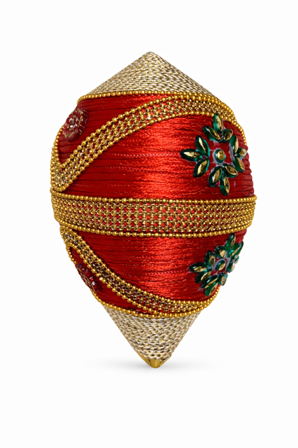 Handcrafted Decorative Nariyal, Red and Gold, Traditional Indian Pooja Coconut with Embellishments, Standard Size
